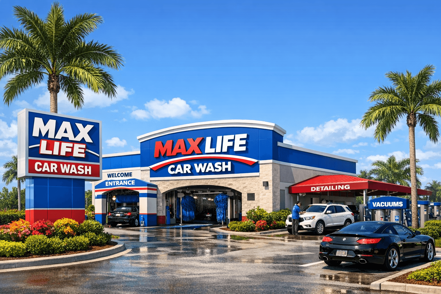 MaxLife Car Wash — Florida express tunnel car wash exterior with palm trees and detailing bay