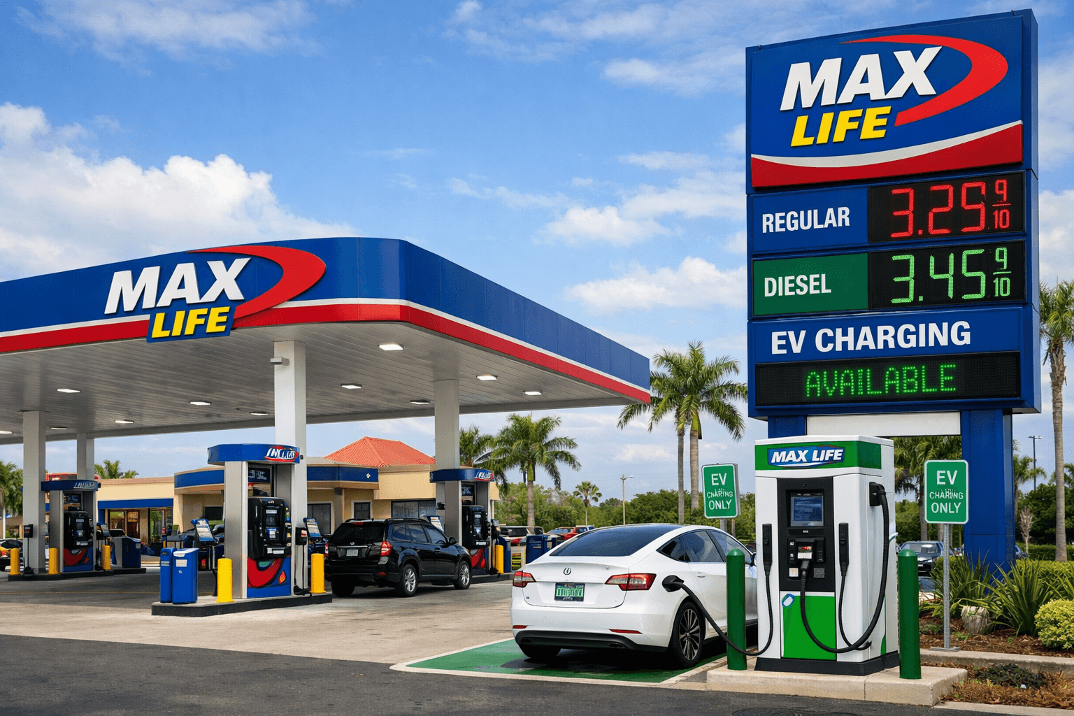 MaxLife gas station — Florida C-store with fuel pumps, price sign, and DCFC EV charging bay
