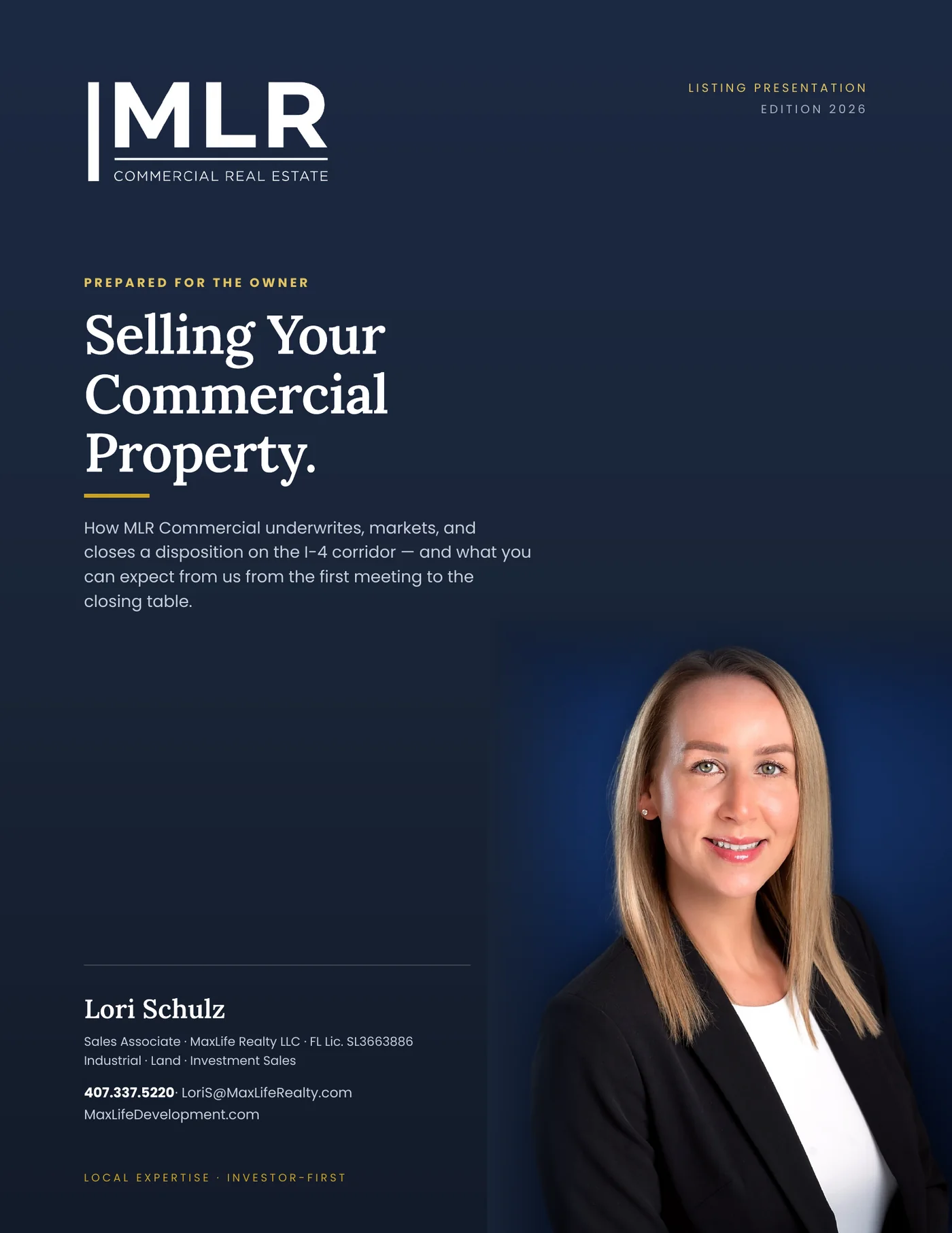 Cover — Selling Your Commercial Property, a listing presentation from Lori Schulz, Commercial Real Estate Advisor at MaxLife Commercial.