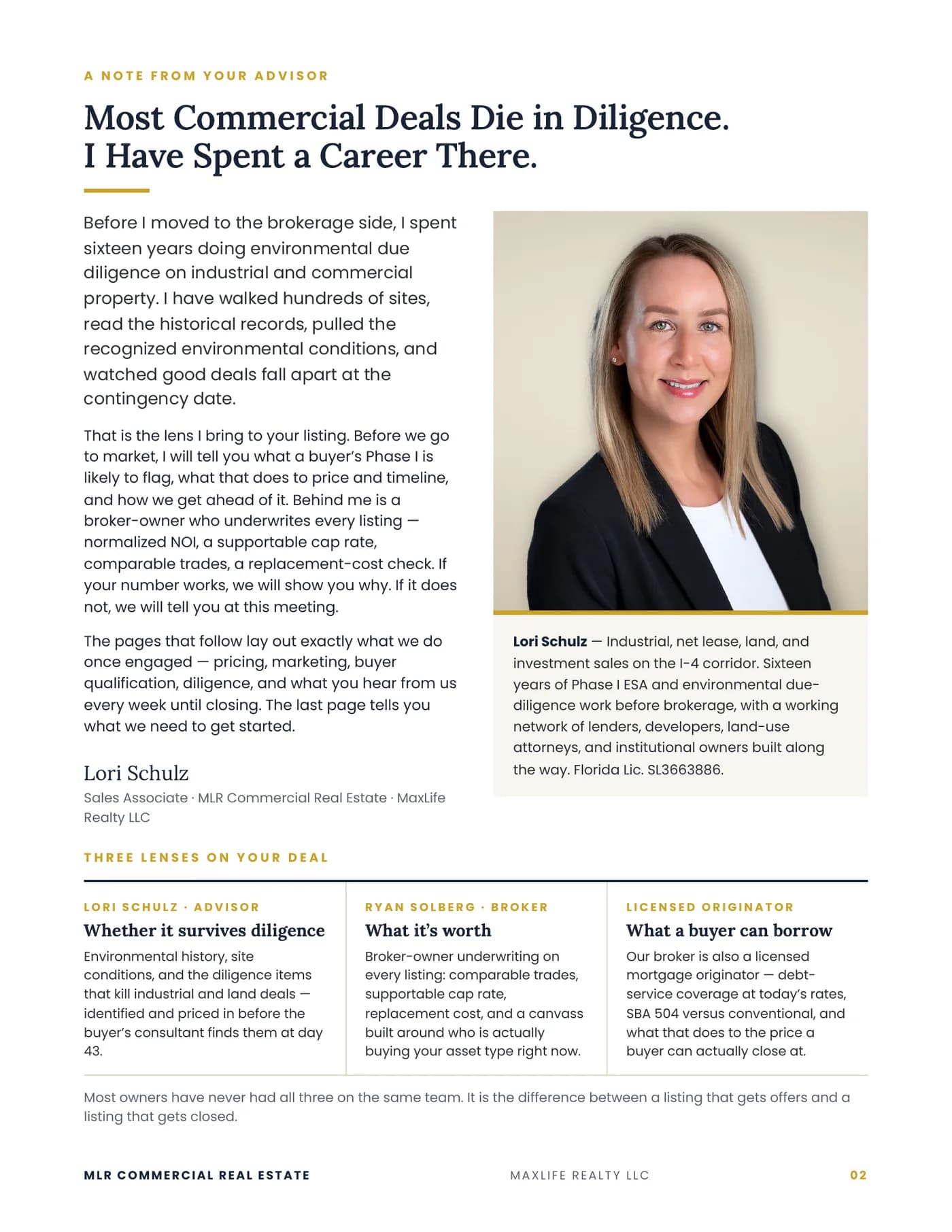 A note from your advisor: sixteen years of environmental due diligence before brokerage, and the three lenses — diligence, valuation, and financing — brought to your listing.