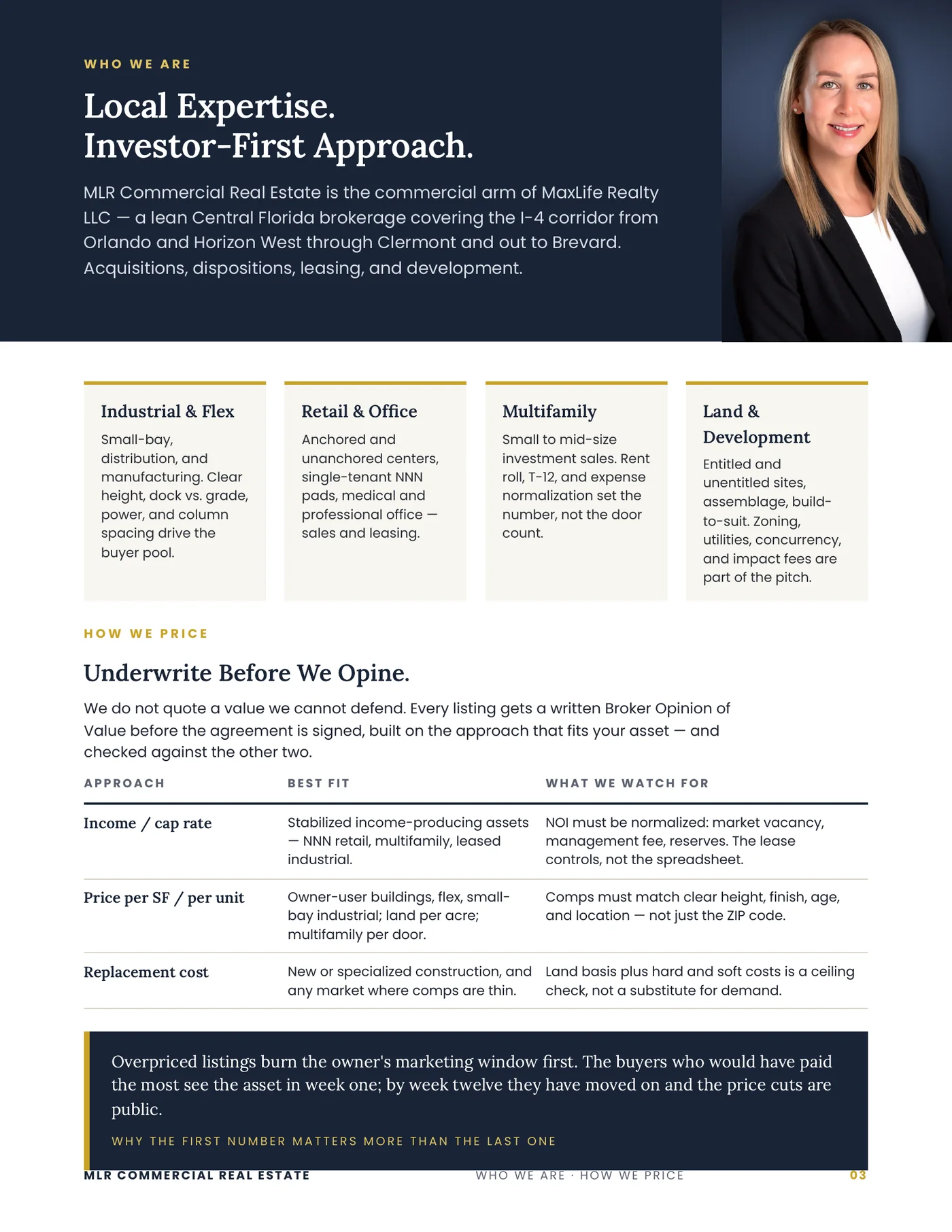 Local expertise and investor-first approach — industrial, retail, multifamily, and land specialties, plus the three valuation approaches Lori Schulz uses to price a commercial listing.
