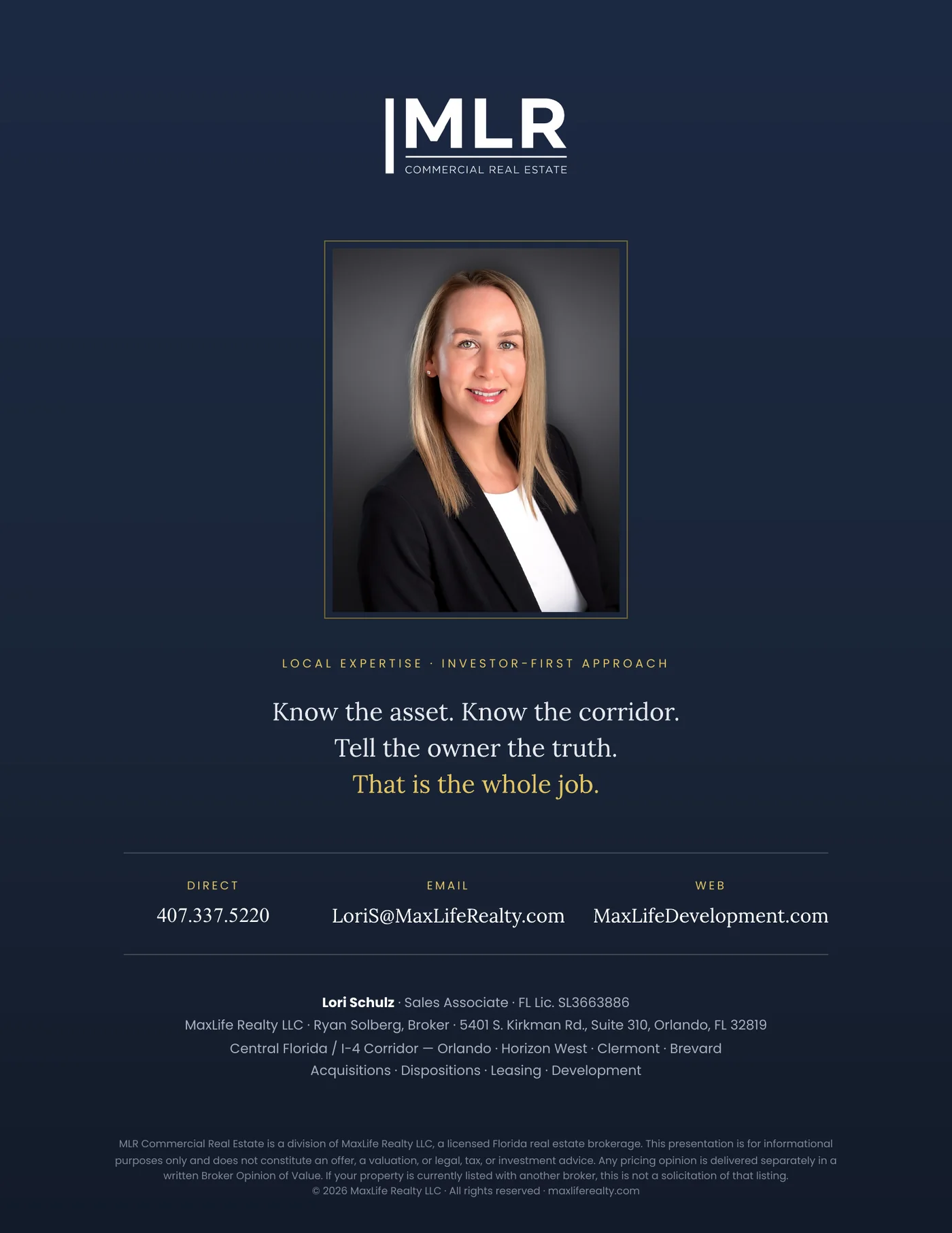 Contact details for Lori Schulz at MaxLife Commercial — direct line, email, and service area across the I-4 corridor.
