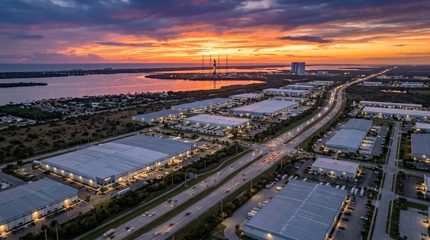 Brevard County Space Coast industrial corridor and launch pad at sunset
