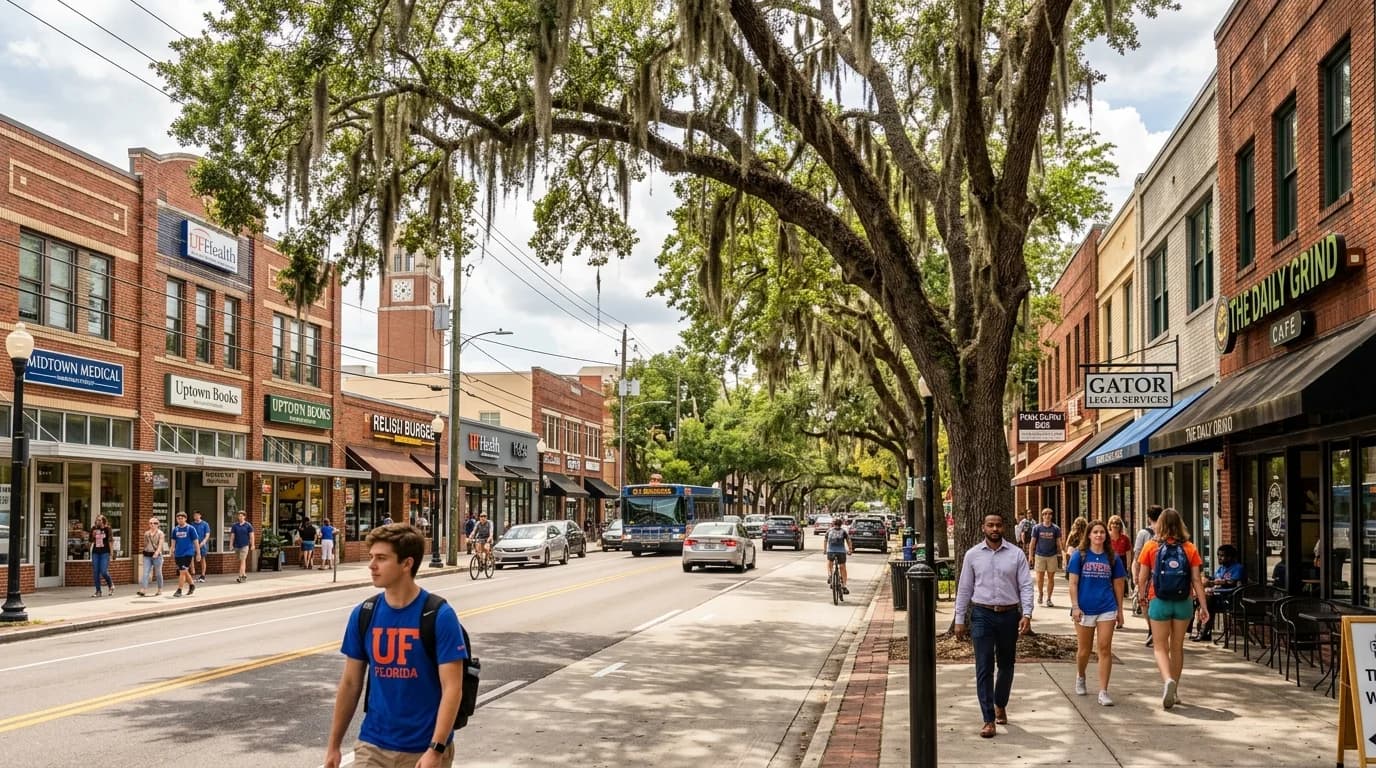 Gainesville University Avenue commercial corridor with live oak canopy and mixed-use storefronts