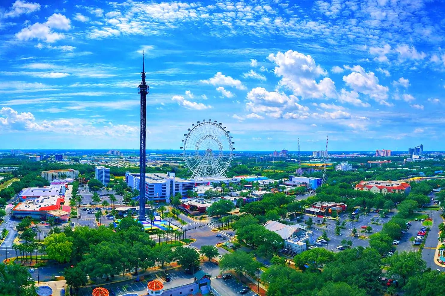 Aerial view of ICON Park Ferris wheel on International Drive, Orlando