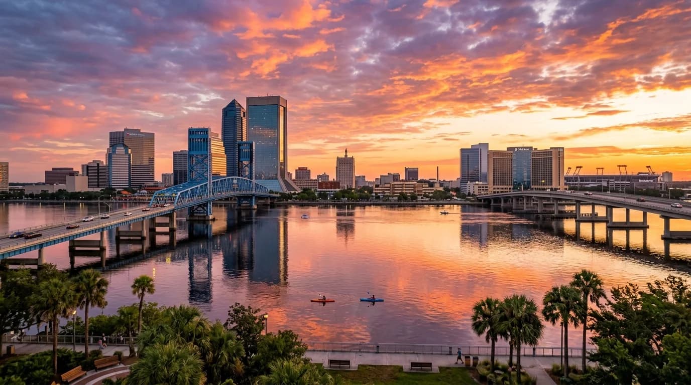 Jacksonville skyline and St. Johns River at sunrise with bridges and riverfront park