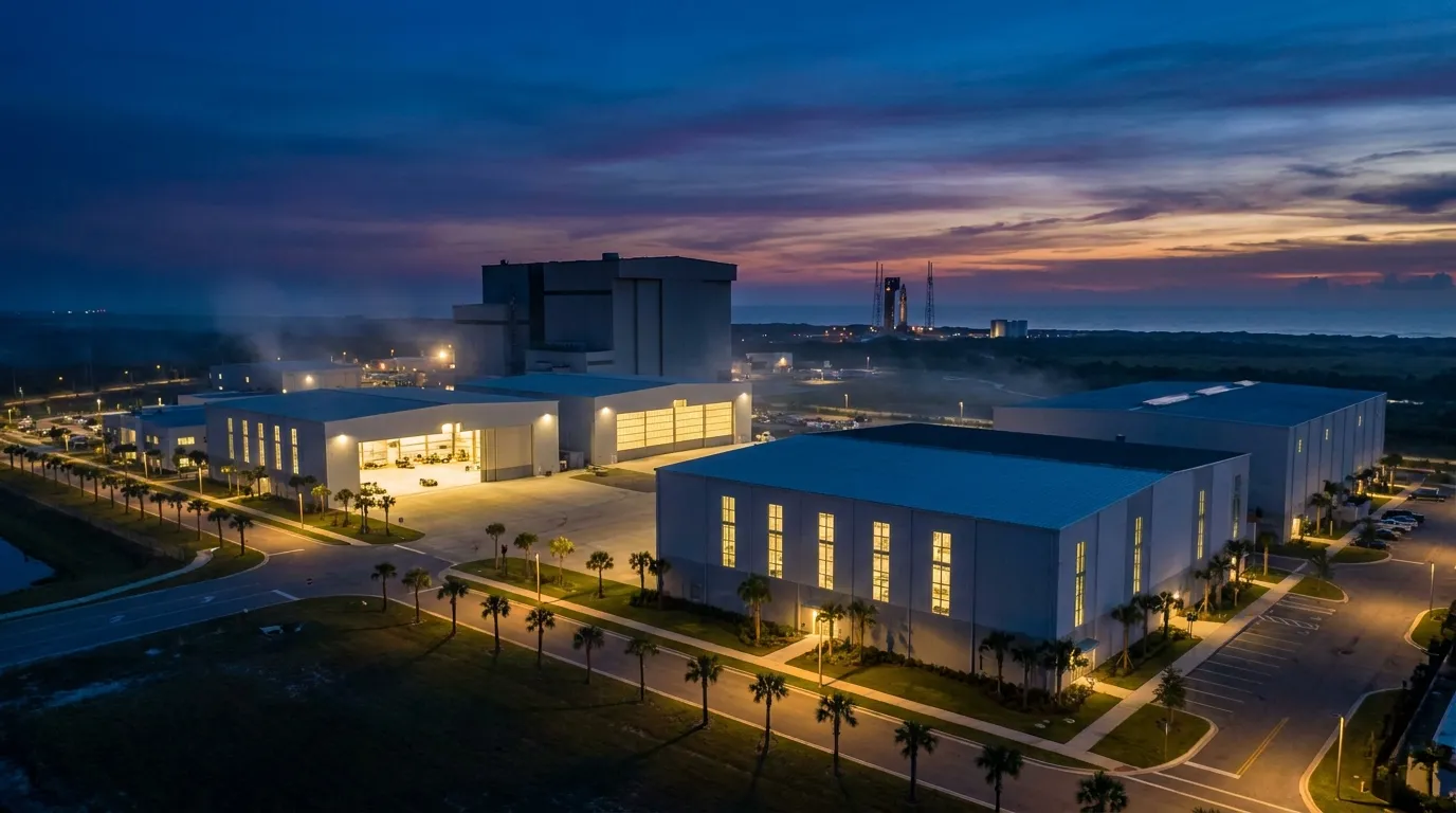 Aerospace manufacturing campus on Florida's Space Coast at dusk with a distant launch tower