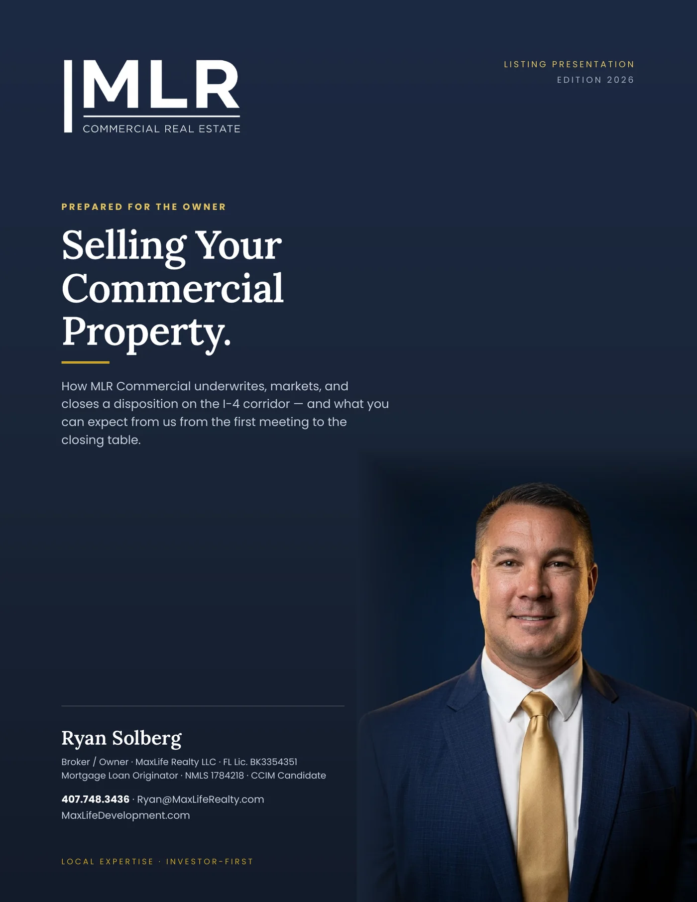 Cover — Selling Your Commercial Property, a listing presentation from Ryan Solberg, Broker and Owner at MaxLife Commercial.