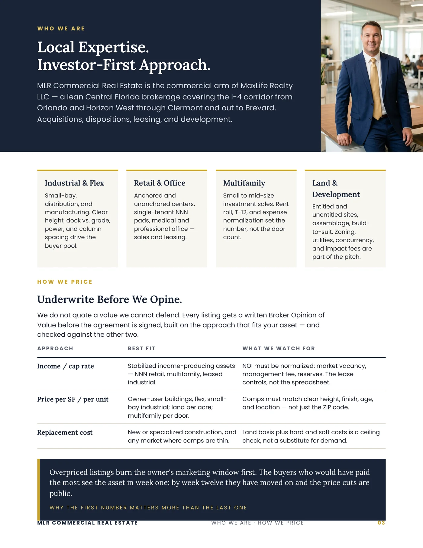 Local expertise and investor-first approach — industrial, retail, multifamily, and land specialties, plus the three valuation approaches Ryan Solberg uses to price a commercial listing.