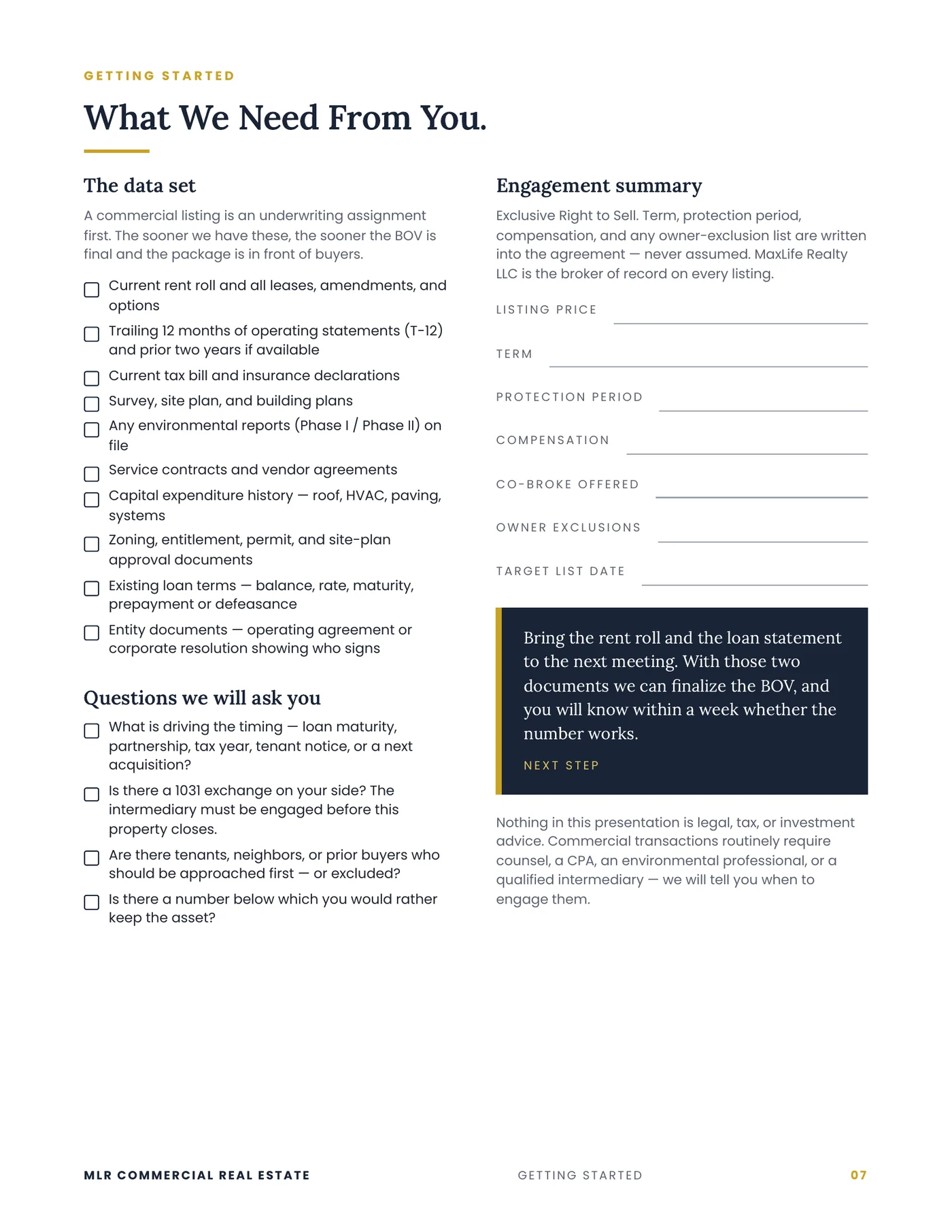 The seller data set required to finalize the Broker Opinion of Value, the questions asked at the listing appointment, and the engagement summary terms.