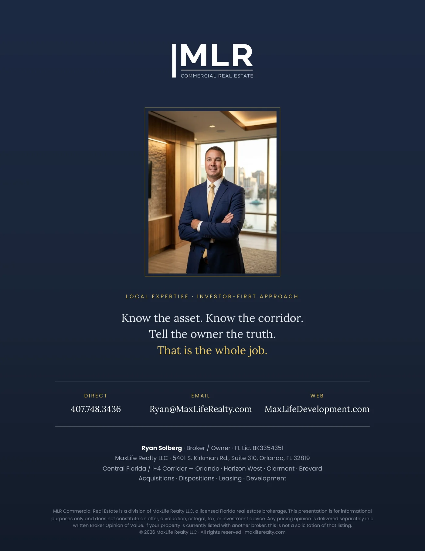 Contact details for Ryan Solberg at MaxLife Commercial — direct line, email, and service area across the I-4 corridor.