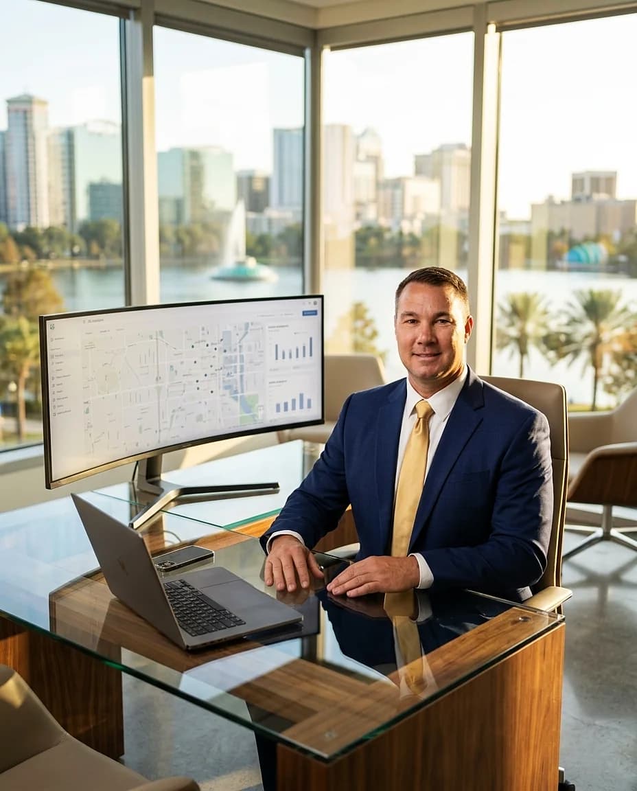 Ryan Solberg reviewing market data and a site map at his desk